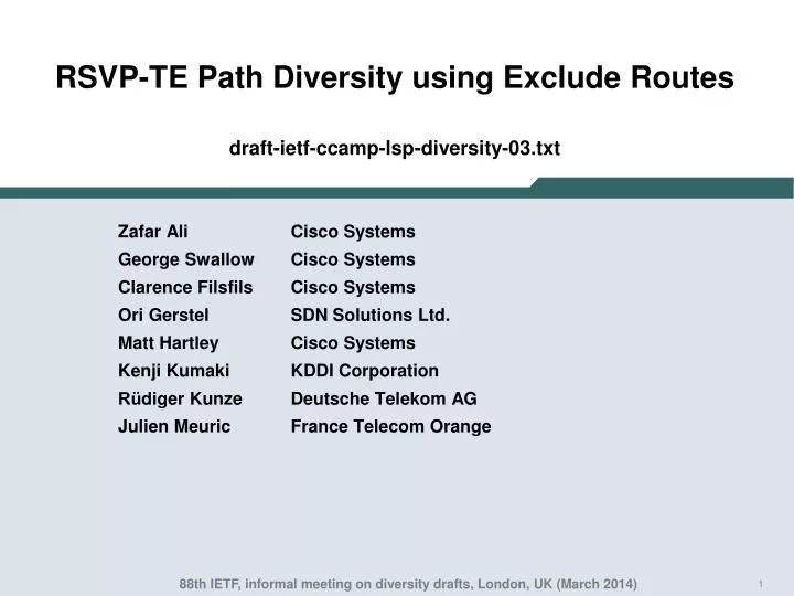 rsvp te path diversity using exclude routes draft ietf ccamp lsp diversity 03 txt