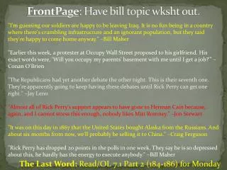 FrontPage : Have bill topic wksht out.