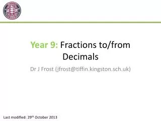 Year 9: Fractions to/from Decimals