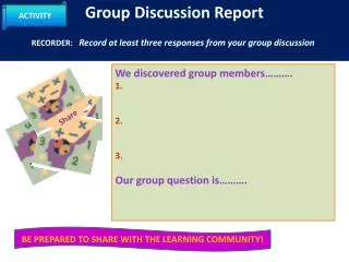 Group Discussion Report RECORDER : Record at least three responses from your group discussion .