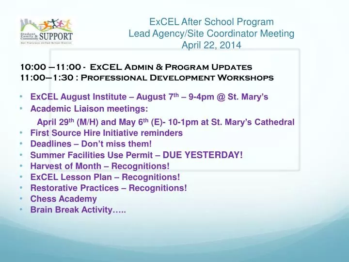 excel after school program lead agency site coordinator meeting april 22 2014
