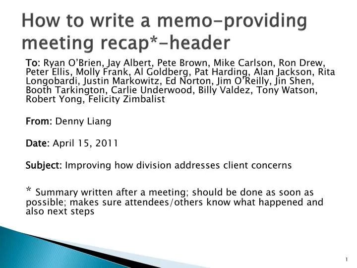 how to write a memo providing meeting recap header