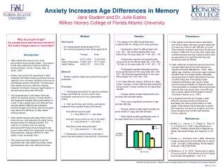 Anxiety Increases Age Differences in Memory Jane Student and Dr. Julie Earles