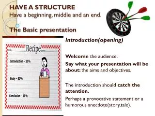 HAVE A STRUCTURE Have a beginning, middle and an end. The Basic presentation