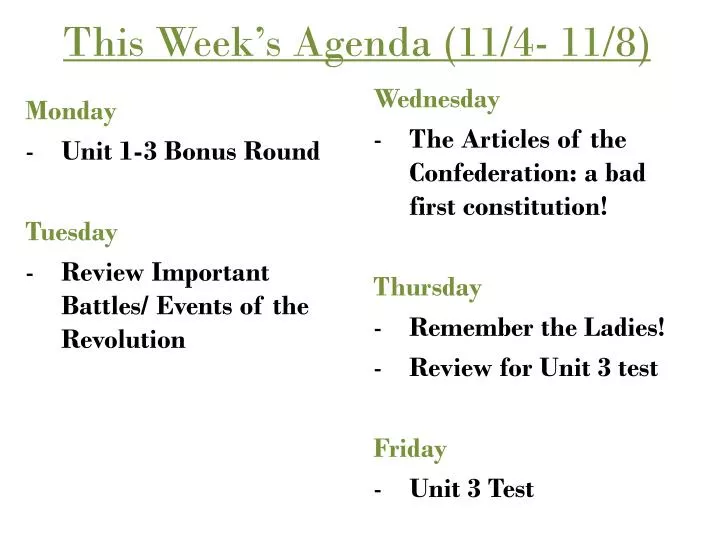 this week s agenda 11 4 11 8
