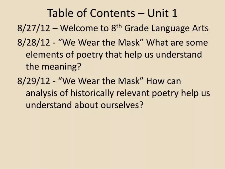 table of contents unit 1