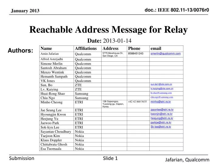 reachable address message for relay