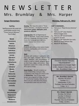 NEWSLETTER Mrs. Brumblay &amp; Mrs. Harper