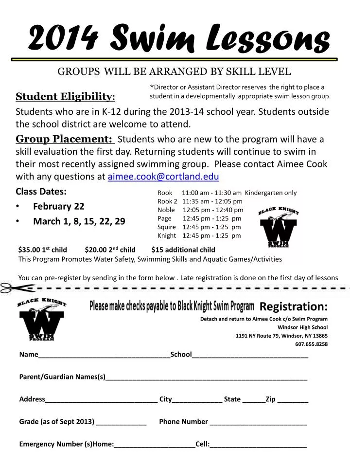 2014 swim lessons groups will be arranged by skill level