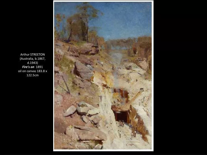 arthur streeton australia b 1867 d 1943 fire s on 1891 oil on canvas 183 8 x 122 5cm