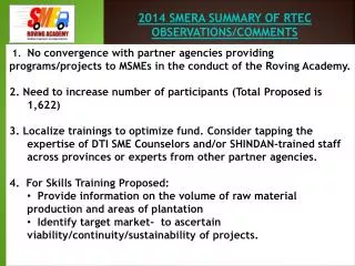 2014 SMERA SUMMARY OF RTEC OBSERVATIONS/COMMENTS