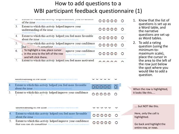 how to add questions to a wbi participant feedback questionnaire 1