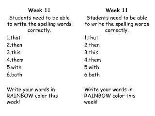 Week 11 Students need to be able to write the spelling words correctly. 1.that 2.then 3.this