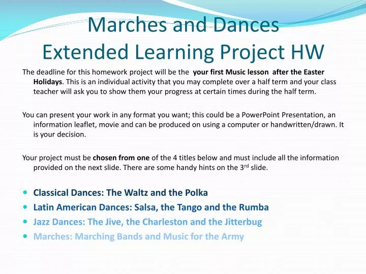 marches and dances extended learning project hw