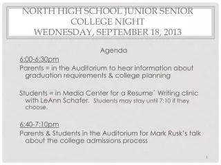 North High School Junior Senior College Night Wednesday, September 18, 2013