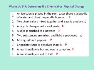 Warm Up 5.4: Determine if a Chemical or Physical Change