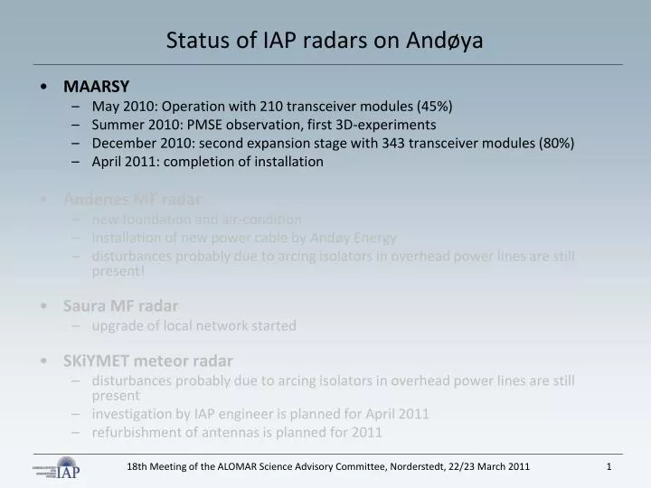 status of iap radars on and ya