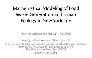 Mathematical Modeling of Food Waste Generation and Urban Ecology in New York City