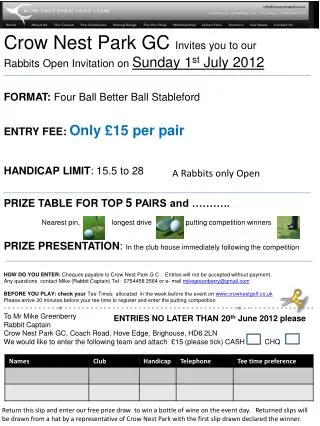 Crow Nest Park GC Invites you to our Rabbits Open Invitation on Sunday 1 st July 2012