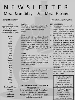 NEWSLETTER Mrs. Brumblay &amp; Mrs. Harper