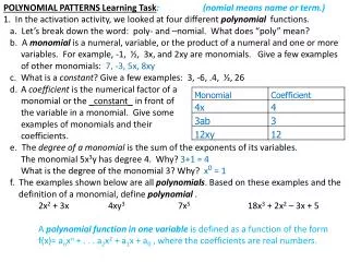 POLYNOMIAL PATTERNS Learning Task : (nomial means name or term.)