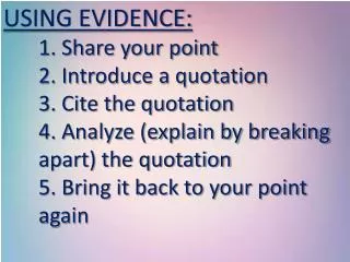 USING EVIDENCE: 	1. Share your point 	2. Introduce a quotation 	3. Cite the quotation