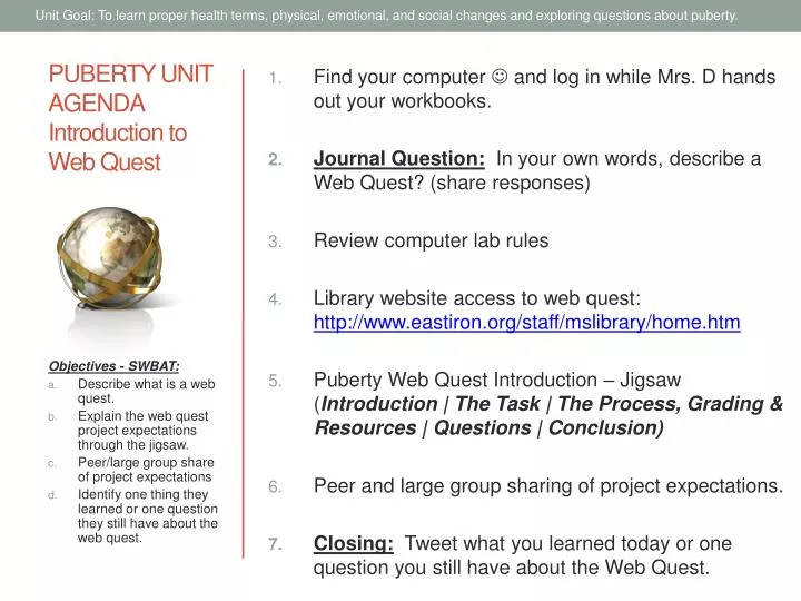 puberty unit agenda introduction to web quest