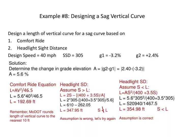 example 8 designing a sag vertical curve