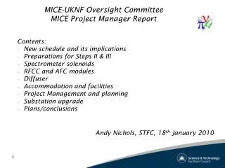 MICE-UKNF Oversight Committee MICE Project Manager Report