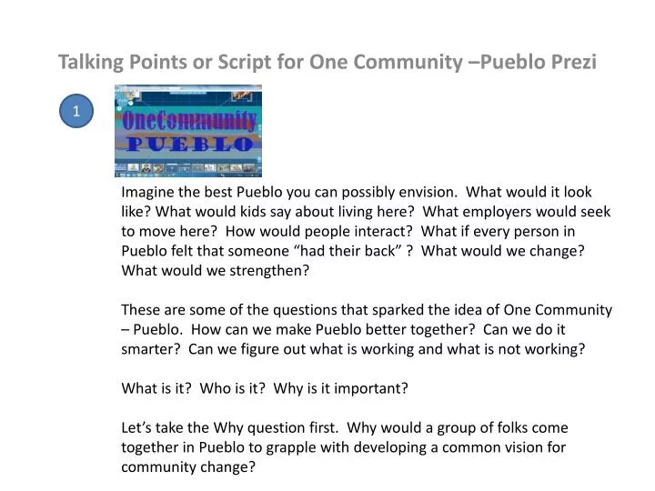 talking points or script for one community pueblo prezi