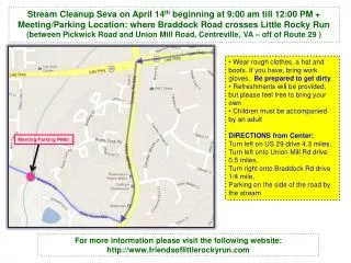 Stream Cleanup Seva on April 14 th beginning at 9:00 am till 12:00 PM +