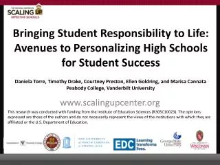 Bringing Student Responsibility to Life: Avenues to Personalizing High Schools for Student Success