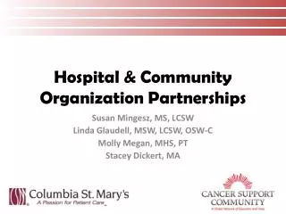 Susan Mingesz, MS, LCSW Linda Glaudell, MSW, LCSW, OSW-C Molly Megan, MHS, PT Stacey Dickert, MA