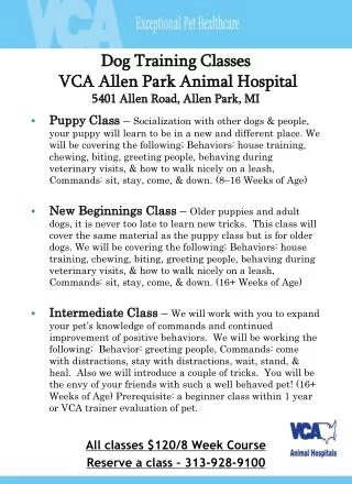 Dog Training Classes VCA Allen Park Animal Hospital 5401 Allen Road, Allen Park, MI