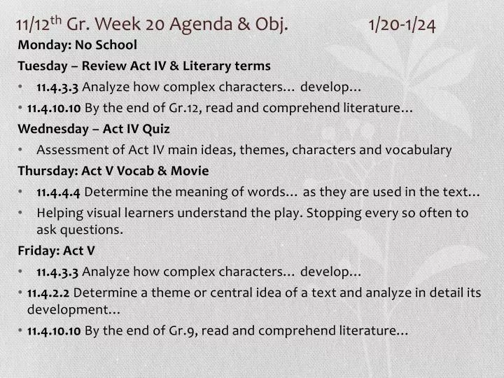 11 12 th gr week 20 agenda obj 1 20 1 24
