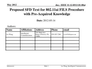 Proposed SFD Text for 802.11ai FILS Procedure with Pre-Acquired Knowledge