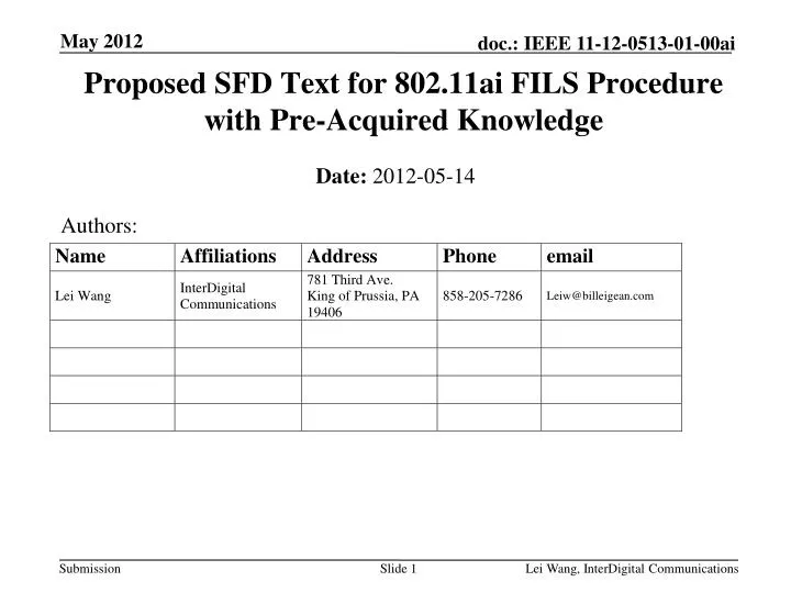 proposed sfd text for 802 11ai fils procedure with pre acquired knowledge
