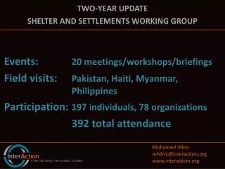 Two-year update Shelter and Settlements Working Group Events: 		 20 meetings/workshops/briefings