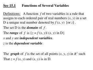 Sec 15.1 	Functions of Several Variables
