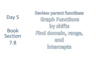 Review parent functions Graph Functions by shifts Find domain, range, and intercepts