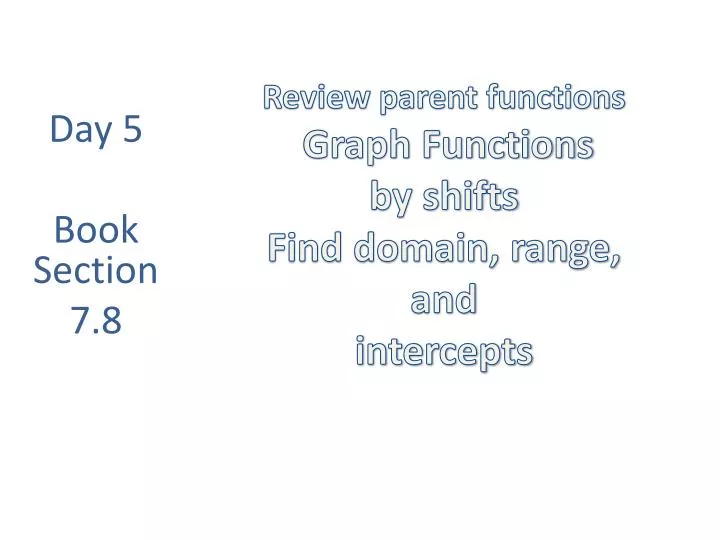 review parent functions graph functions by shifts find domain range and intercepts