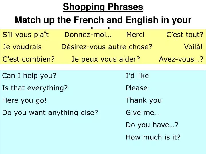 shopping phrases match up the french and english in your book