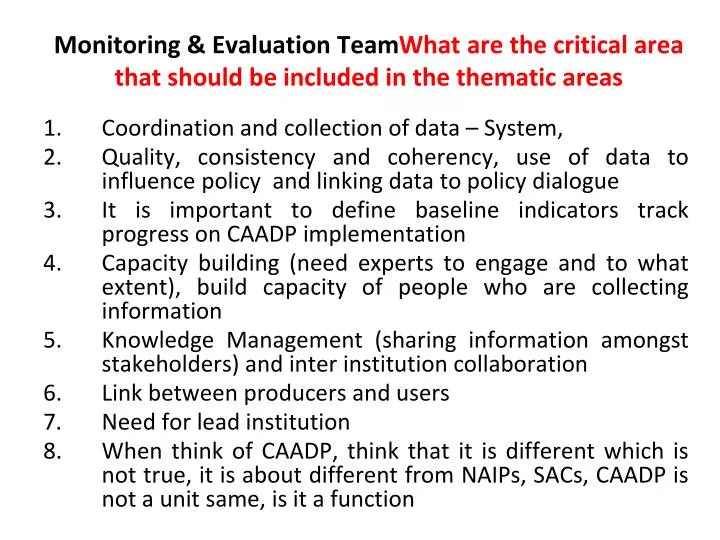 monitoring evaluation team what are the critical area that should be included in the thematic areas