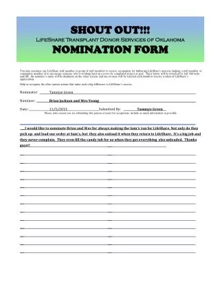 SHOUT OUT!!! LifeShare Transplant Donor Services of Oklahoma NOMINATION FORM