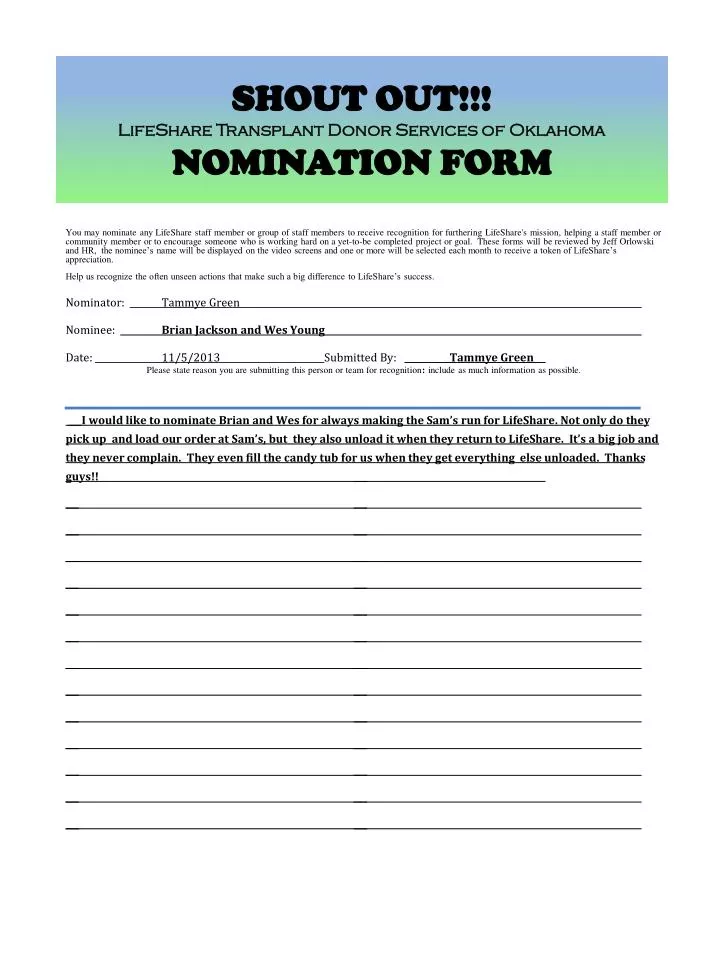 shout out lifeshare transplant donor services of oklahoma nomination form