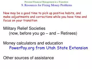 Personal Financial Management in a Transition 9. Resources for Fixing Money Problems