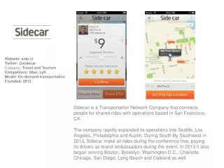 Website: side.cr Twitter: @sidecar Category : Travel and Tourism Competitors: Uber, Lyft