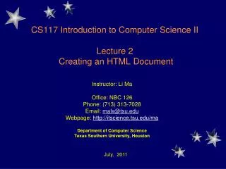CS117 Introduction to Computer Science II Lecture 2 Creating an HTML Document
