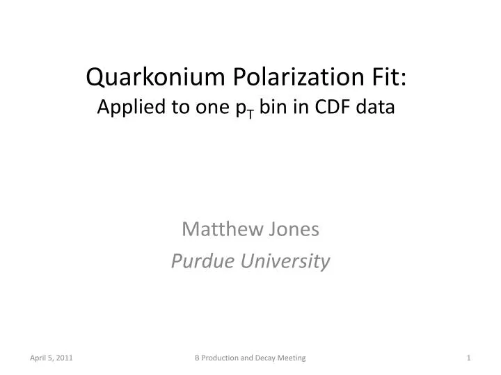 quarkonium polarization fit applied to one p t bin in cdf data