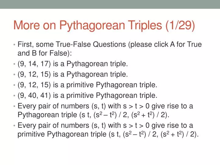 more on pythagorean triples 1 29